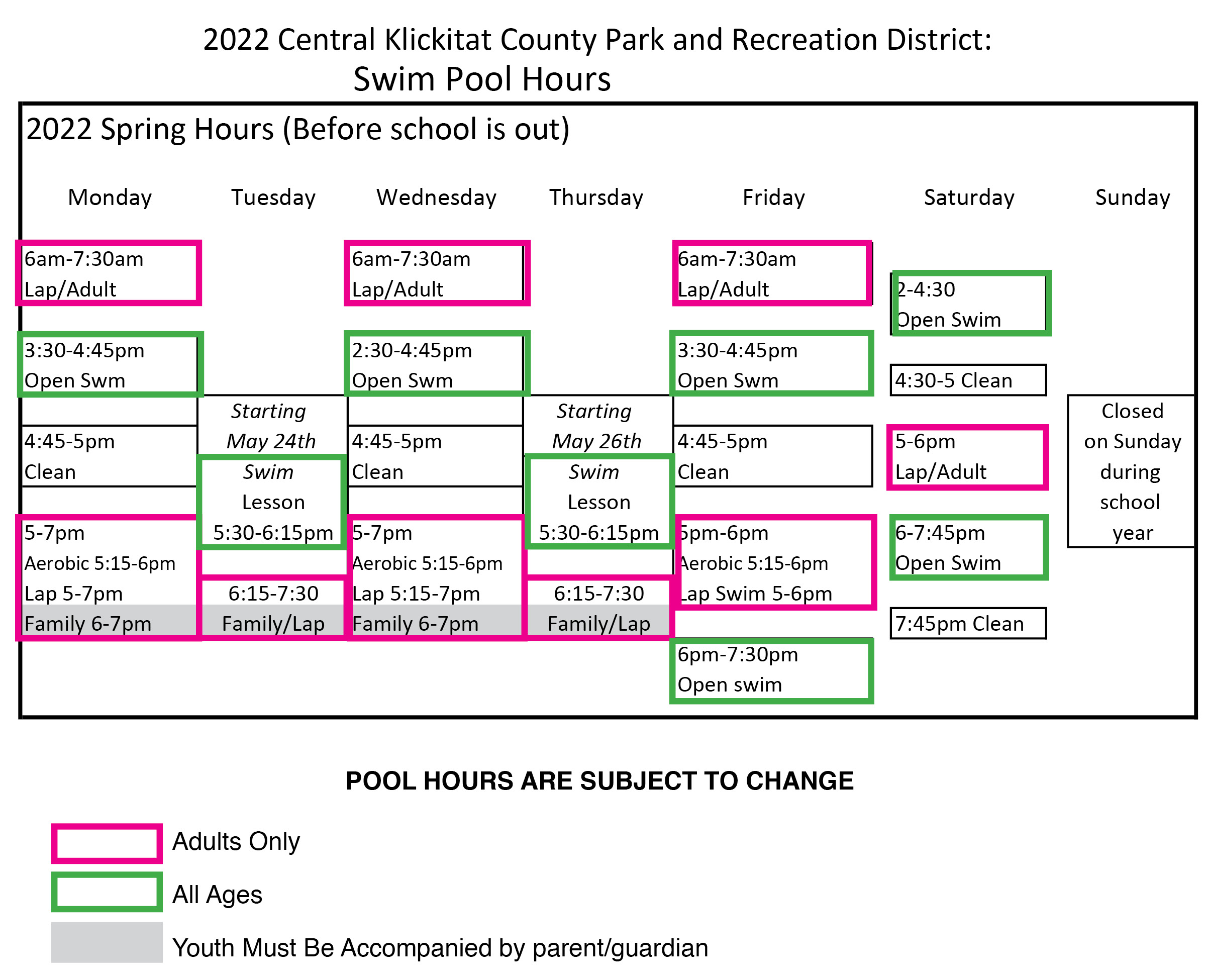 2022 Spring Swim Schedule